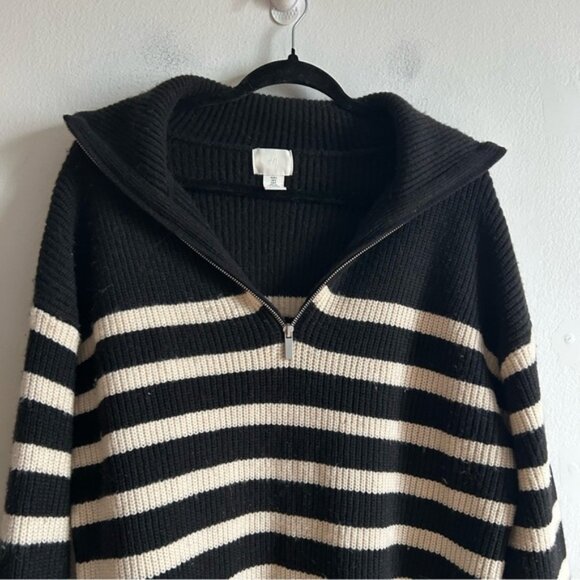 H&M Sz S Nautical Coastal Knit Black And White Strip 1 4 Zip Relaxed Sweater - Picture 5 of 9